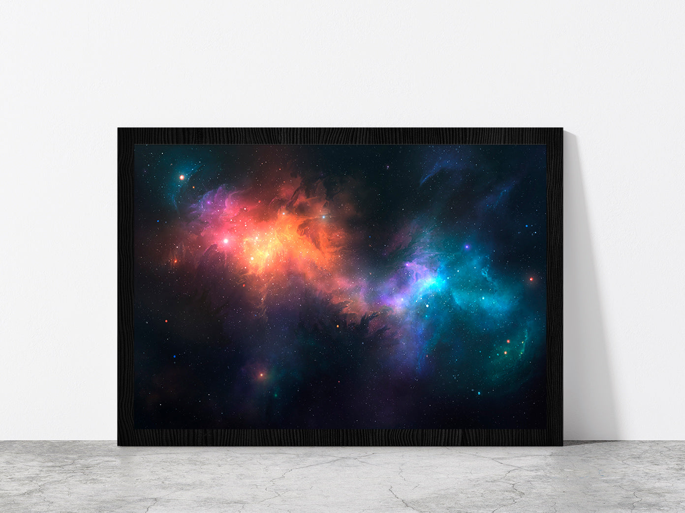 Nebulae On Illustrated Space Glass Framed Wall Art, Ready to Hang Quality Print Without White Border Black