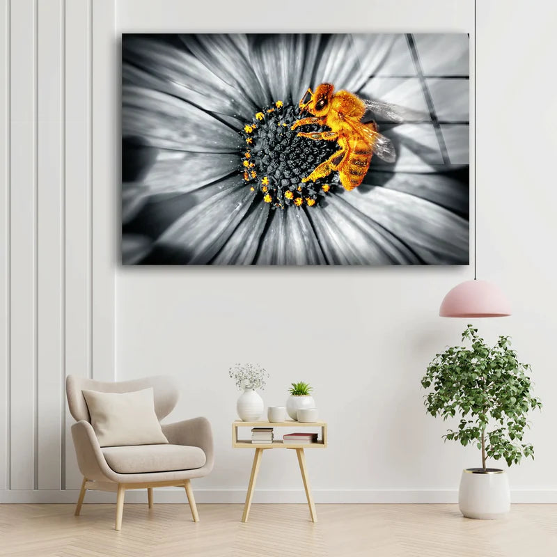 Bee on B&W Sunflower UV Direct Aluminum Print Australian Made Quality