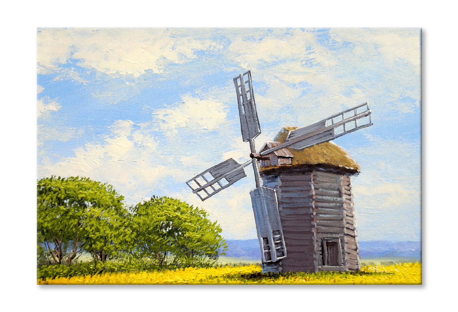 Green Trees near Windmill & Cloudy Sky Oil Painting Wall Art Limited Edition High Quality Print Stretched Canvas None