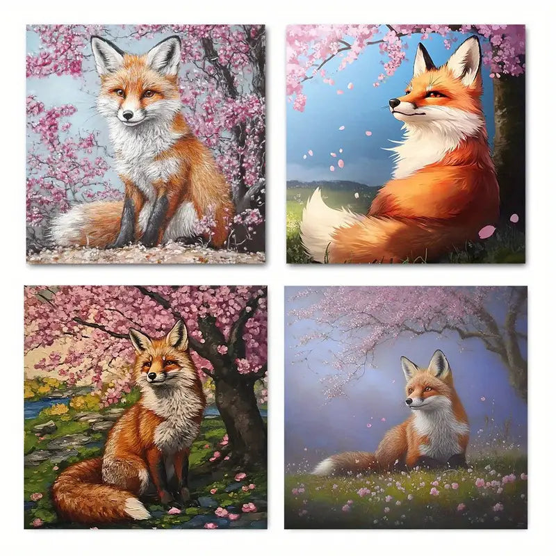 4pcs Vibrant Fox Themes With Cherry Blossoms Wall Art Canvas Framed