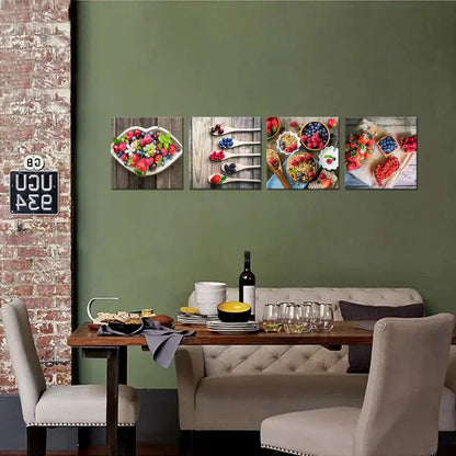 4pcs Fresh Strawberry Blueberry On Vintage Wood Wall Art Canvas Framed