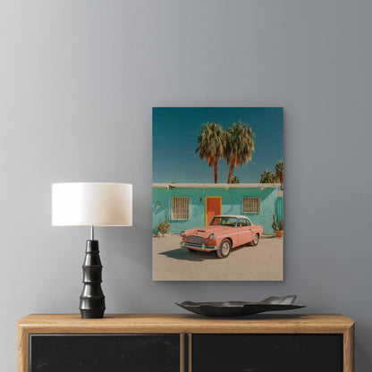 Pink Vintage Automobile Picture 60x90cm Metal Print Ready to Hang