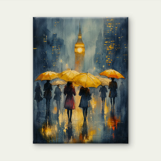 Rainy Day in London Abstract Watercolour Art with Yellow Umbrellas and Elizabeth Tower Vintage Wall Art Canvas Print 100% Australian Made
