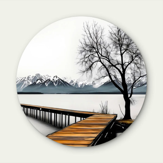 Black And White Wooden Pier Tree Lake Acrylic Glass Rounded Print Tempered Glass Wall Art 100% Made in Australia Ready to Hang