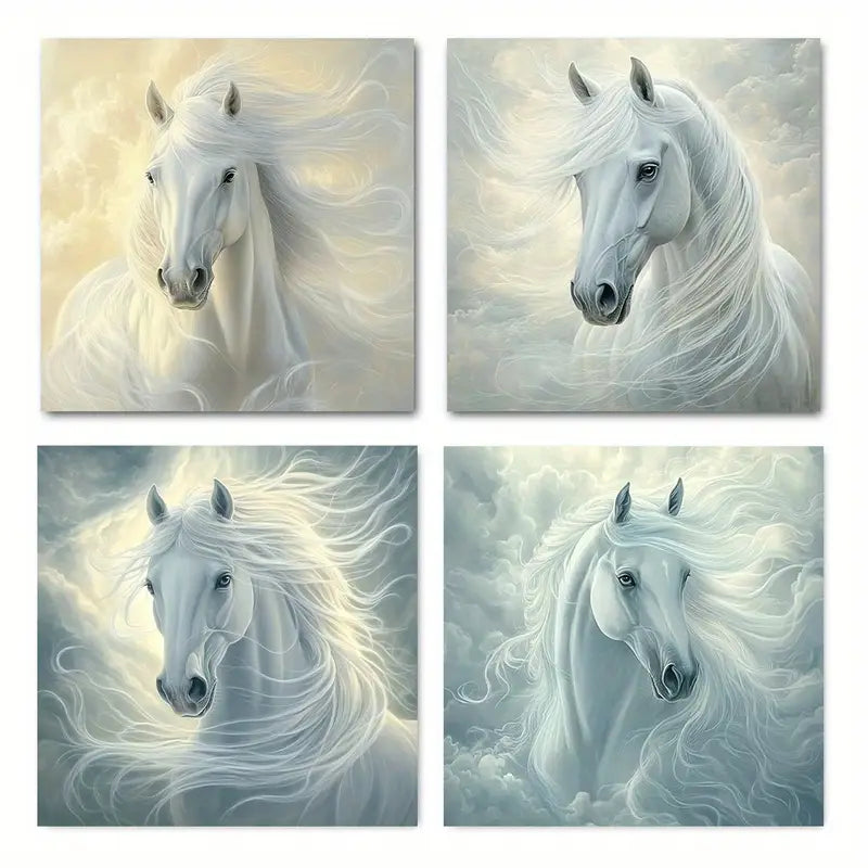4pcs Flowing Mane & Cloudy Sky Design Wall Art Canvas Framed