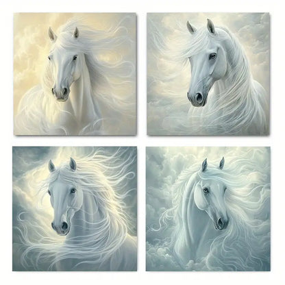 4pcs Flowing Mane & Cloudy Sky Design Wall Art Canvas Framed