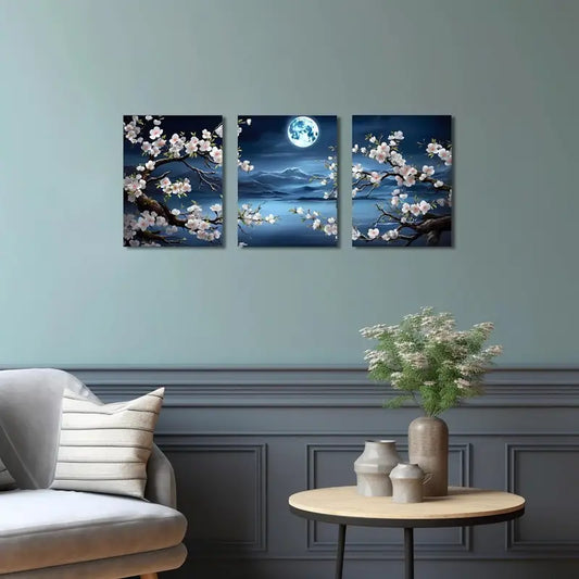 3pcs Dreamlike Cherry Blossom Moon Ocean Metal Print Ready to Hang Art