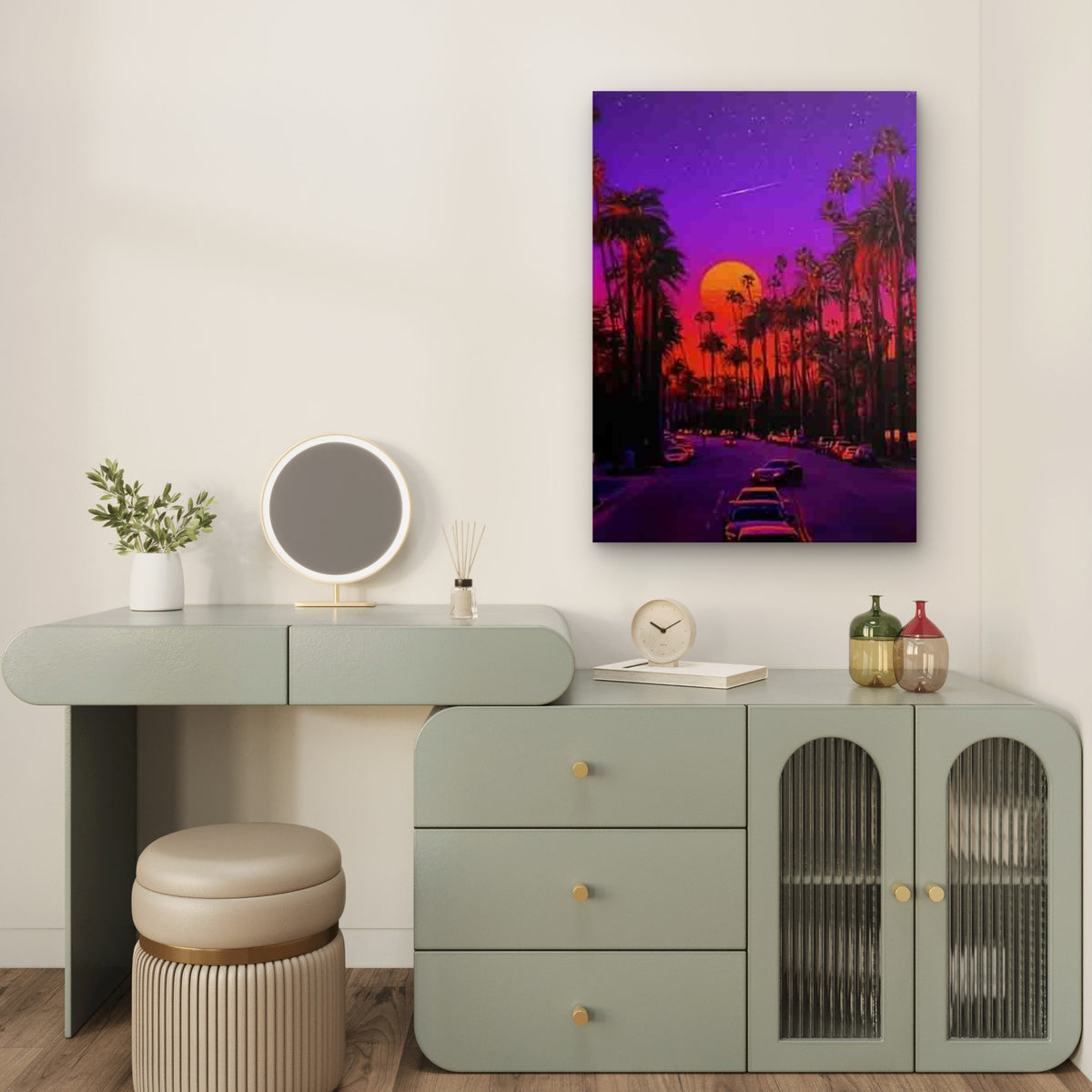 Purple Starry Sky with Palm Trees Sunset Metal Print Ready to Hang