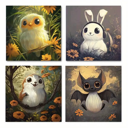 4pcs Cute Animal & Fantasy Characters Wall Art Canvas Framed