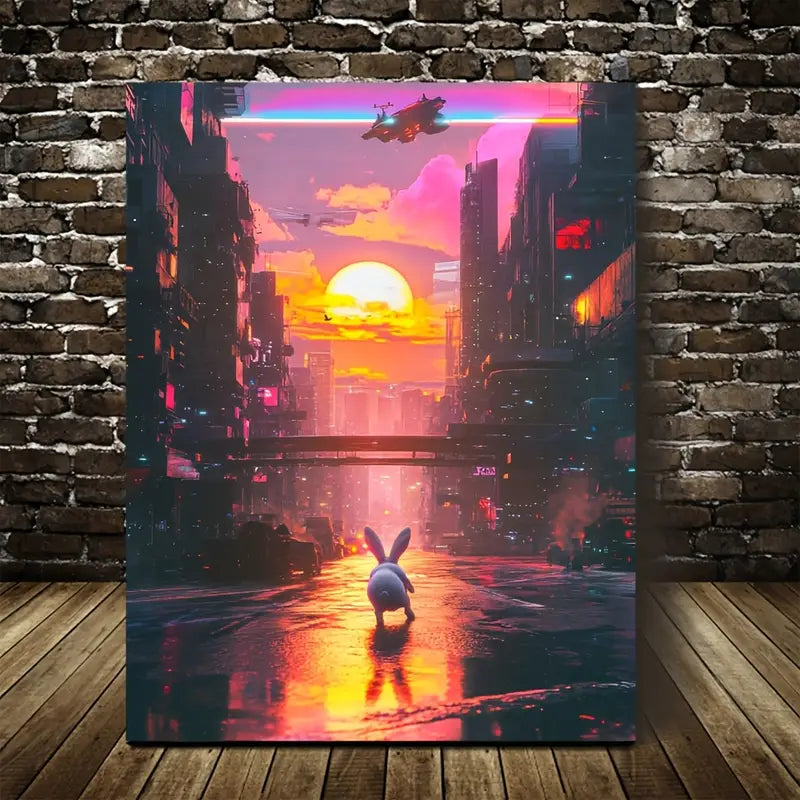 Cyberpunk Rabbit Under Glowing Sunset 40x60cm Metal Print Ready to Hang