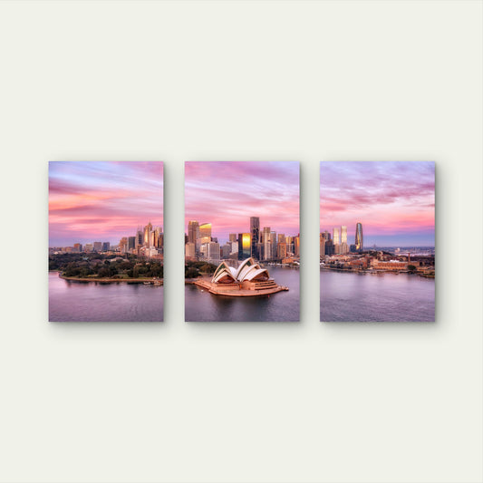 3pcs Sydney Opera House Sunset Skyline Wall Art Set Canvas Framed 60x90cm - High Quality Print 100% Australian Made Wall Canvas Ready to Hang