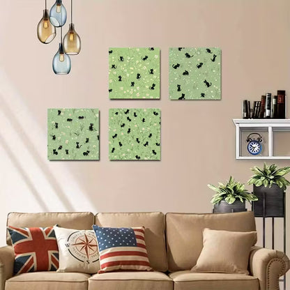 4pcs Green Green Pink Cat Themed Wall Art Canvas Framed