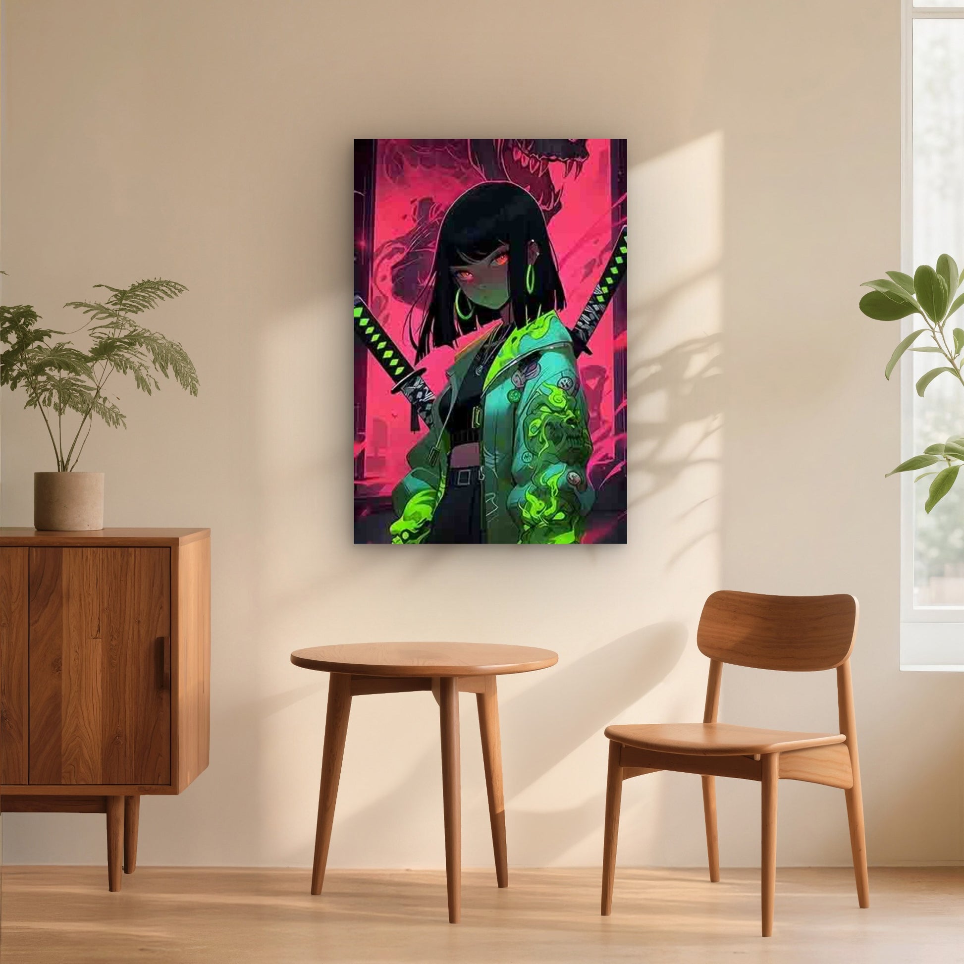 Neon-Style Cool Girl Image with a Fierce Monster 60x90cm Metal Print Ready to Hang - Bella Home Decor