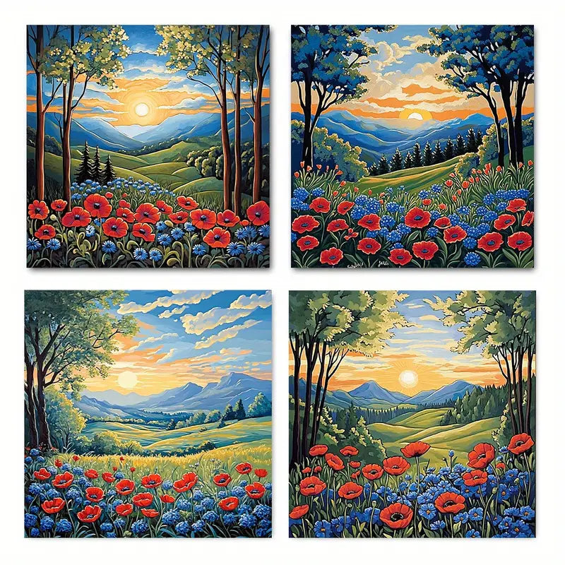 4pcs Colorful Poppy Fields & Sunset Sky Wall Art Canvas Framed