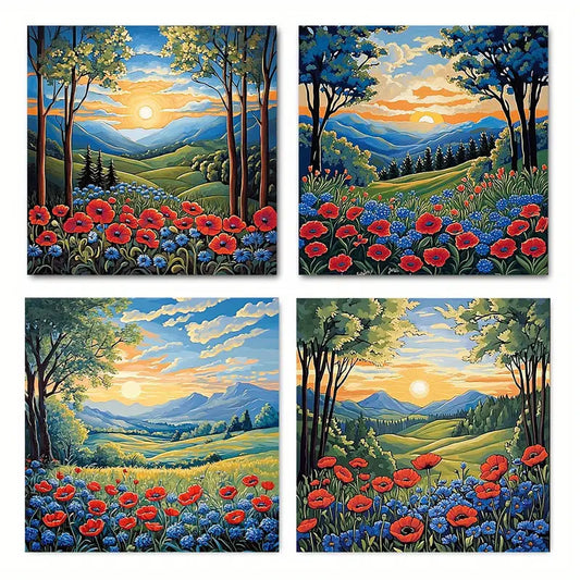 4pcs Colorful Poppy Fields & Sunset Sky Wall Art Canvas Framed