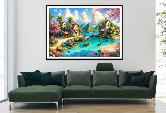 Beautiful Painting of a Lakeside Village with Mountains Home Decor Premium Quality Poster Print Choose Your Sizes