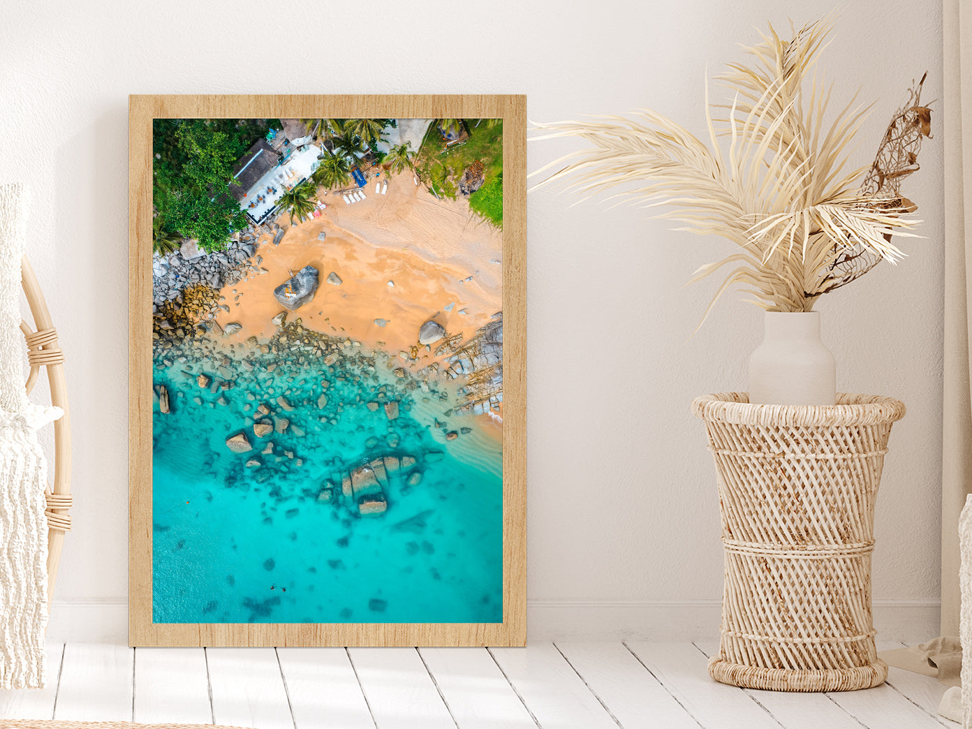 Nui hidden Beach Seashore Aerial Photograph Glass Framed Wall Art, Ready to Hang Quality Print Without White Border Oak