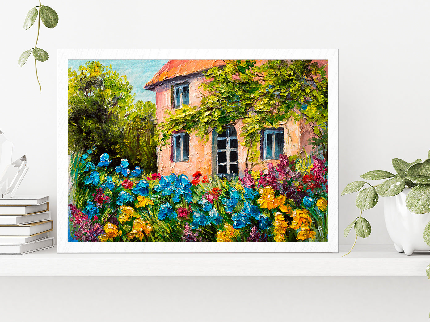 House In The Flower Garden Glass Framed Wall Art, Ready to Hang Quality Print Without White Border White