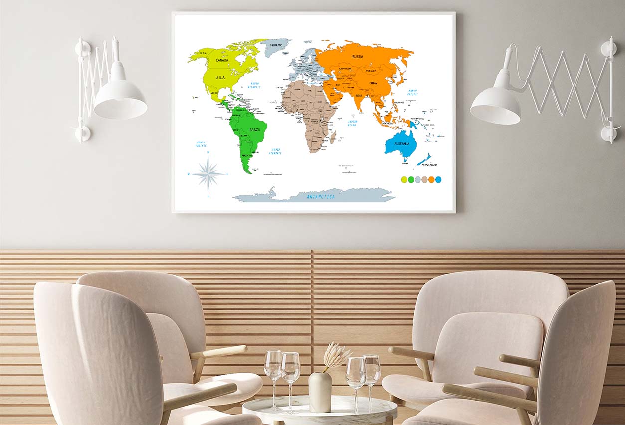 Political World Map on White Background Home Decor Premium Quality Poster Print Choose Your Sizes