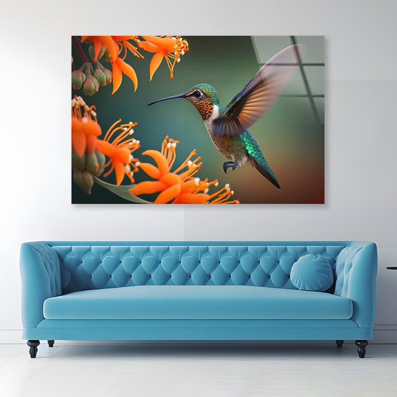 Hummingbird Flies over a Bright Flower Acrylic Glass Print Tempered Glass Wall Art 100% Made in Australia Ready to Hang