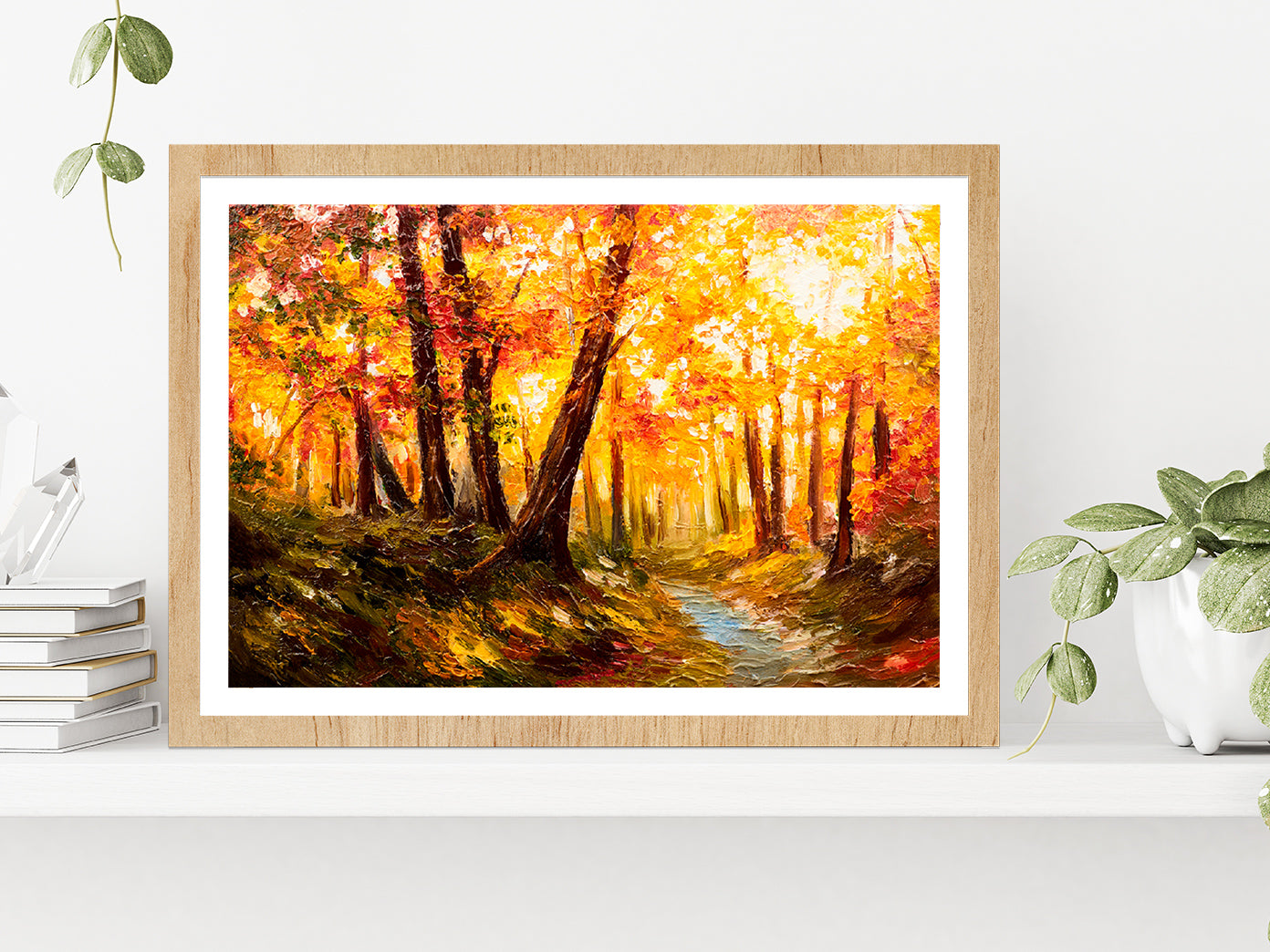 Autumn Forest Oil Painting Glass Framed Wall Art, Ready to Hang Quality Print With White Border Oak