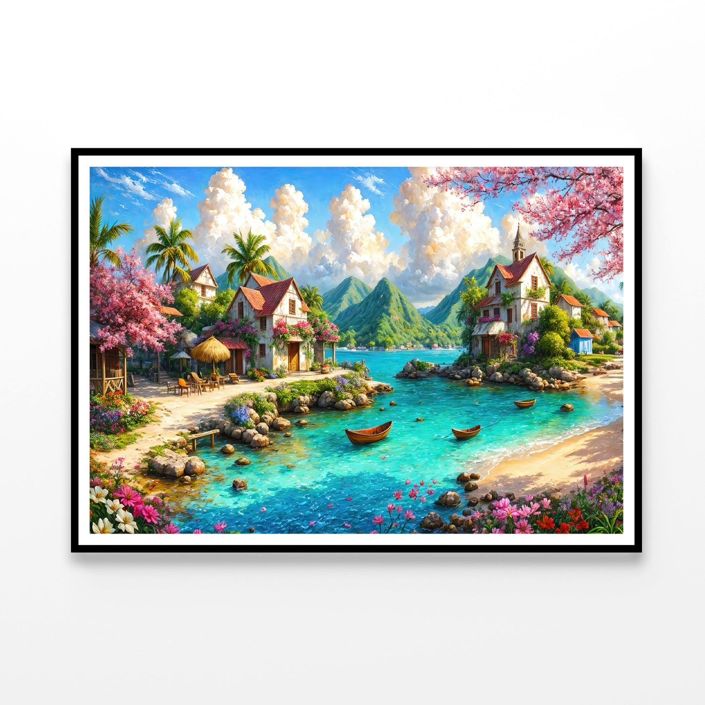 Beautiful Painting of a Lakeside Village with Mountains Home Decor Premium Quality Poster Print Choose Your Sizes