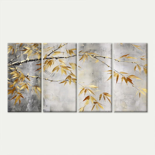 4pcs Abstract Yellow Golden Gold Bamboo Leaves Wall Art Canvas Framed 45x80cm - High Quality Print 100% Australian Made Wall Canvas Ready to Hang
