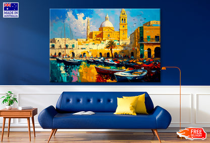 Cityscape View Inspired From Marsaxlokk Oil Painting Wall Art Limited Edition High Quality Print