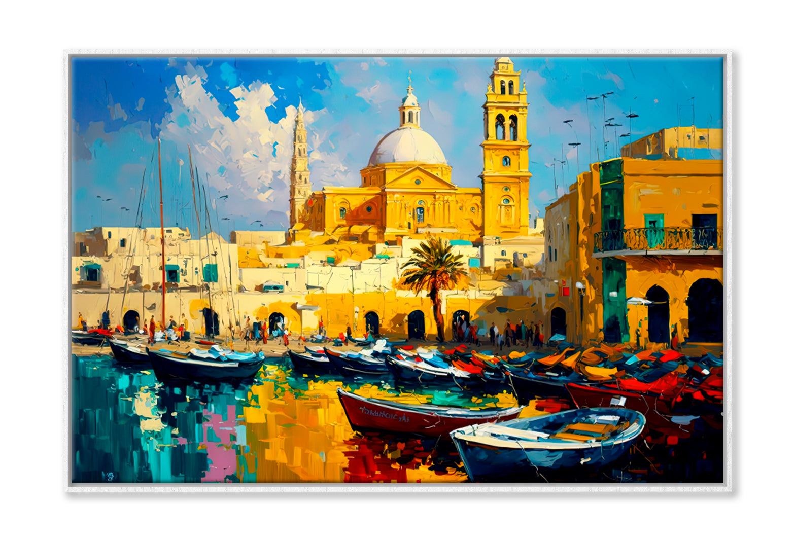 Cityscape View Inspired From Marsaxlokk Oil Painting Wall Art Limited Edition High Quality Print Canvas Box Framed White