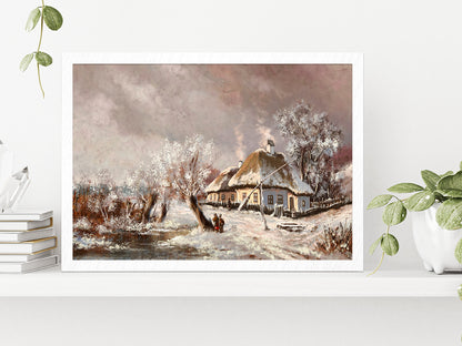 Rural Landscape Old Village, Old House In Winter Glass Framed Wall Art, Ready to Hang Quality Print Without White Border White