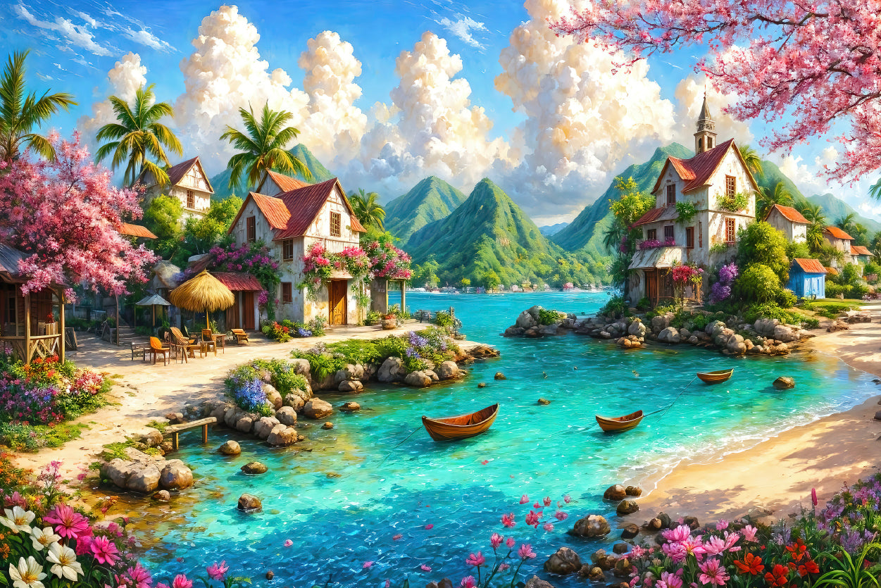 Beautiful Painting of a Lakeside Village with Mountains Home Decor Premium Quality Poster Print Choose Your Sizes