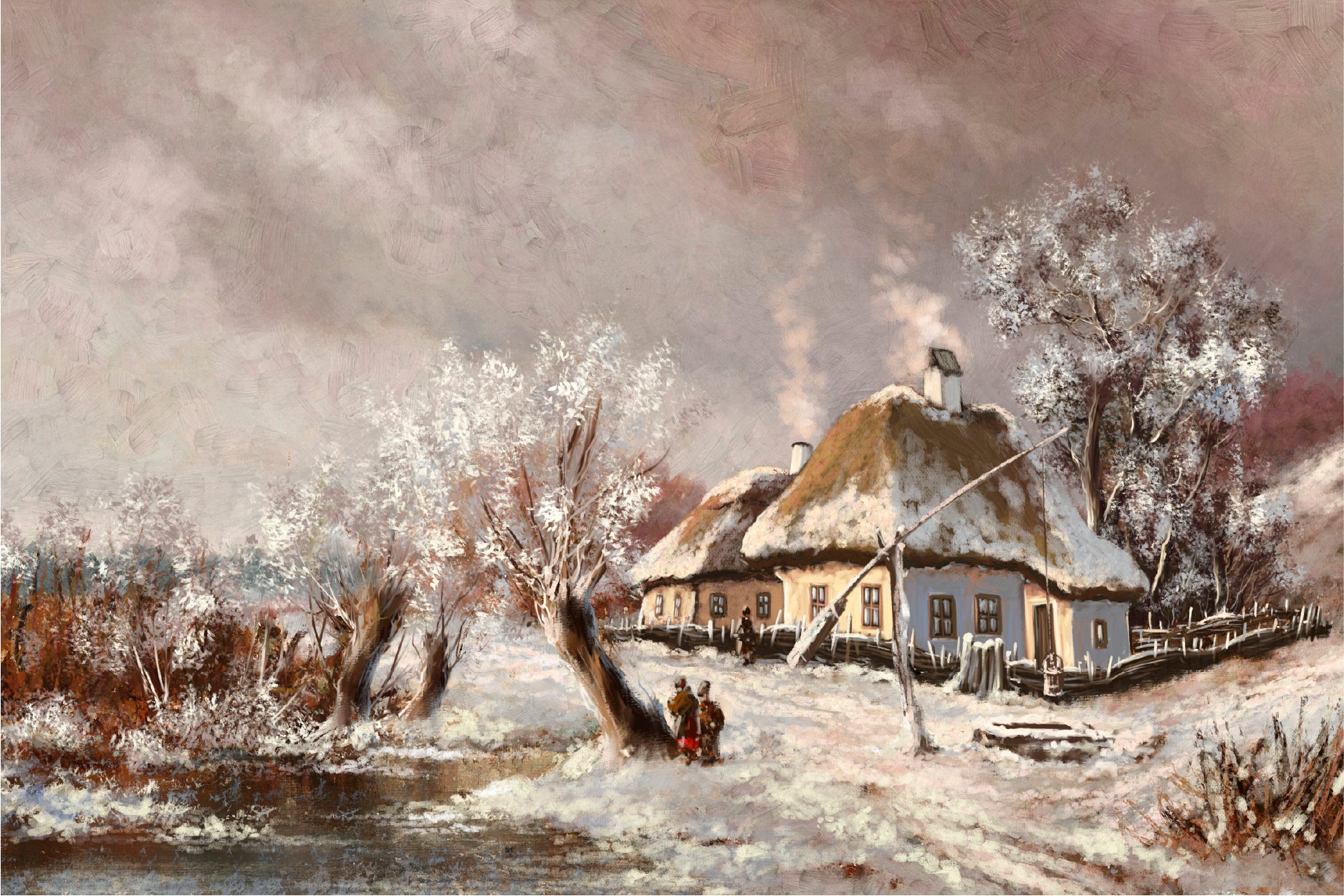 Rural Landscape Old Village, Old House In Winter Glass Framed Wall Art, Ready to Hang Quality Print