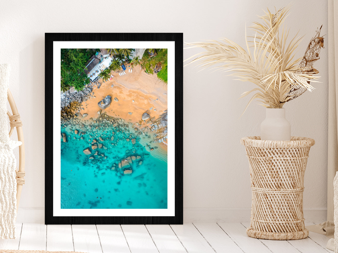 Nui hidden Beach Seashore Aerial Photograph Glass Framed Wall Art, Ready to Hang Quality Print With White Border Black