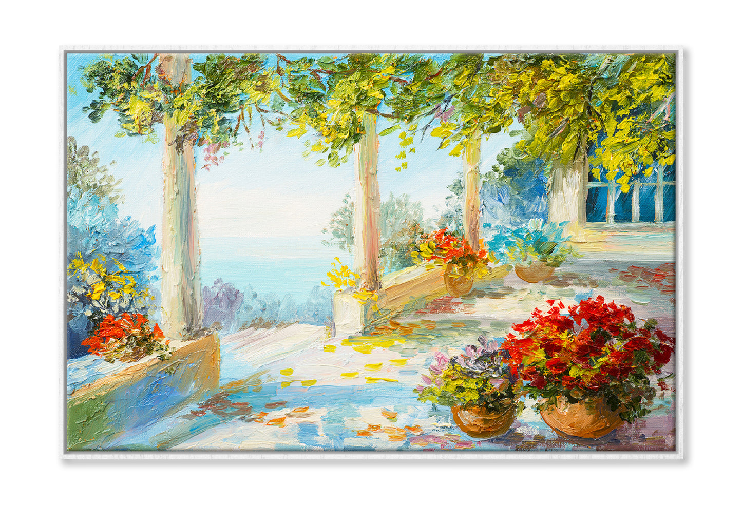 Flower Vase In Terrace & Near The Sea Oil Painting Wall Art Limited Edition High Quality Print Canvas Box Framed White