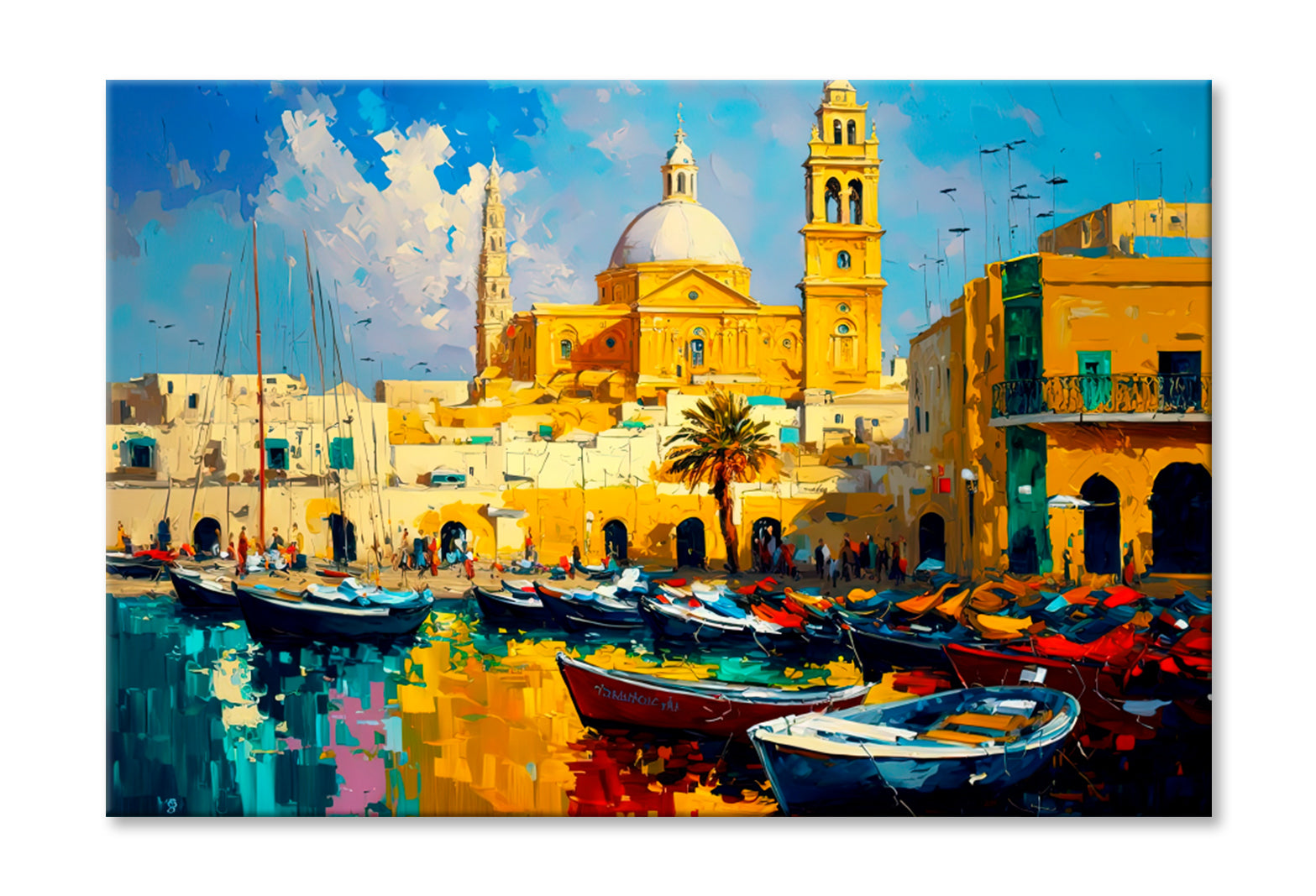 Cityscape View Inspired From Marsaxlokk Oil Painting Wall Art Limited Edition High Quality Print Stretched Canvas None