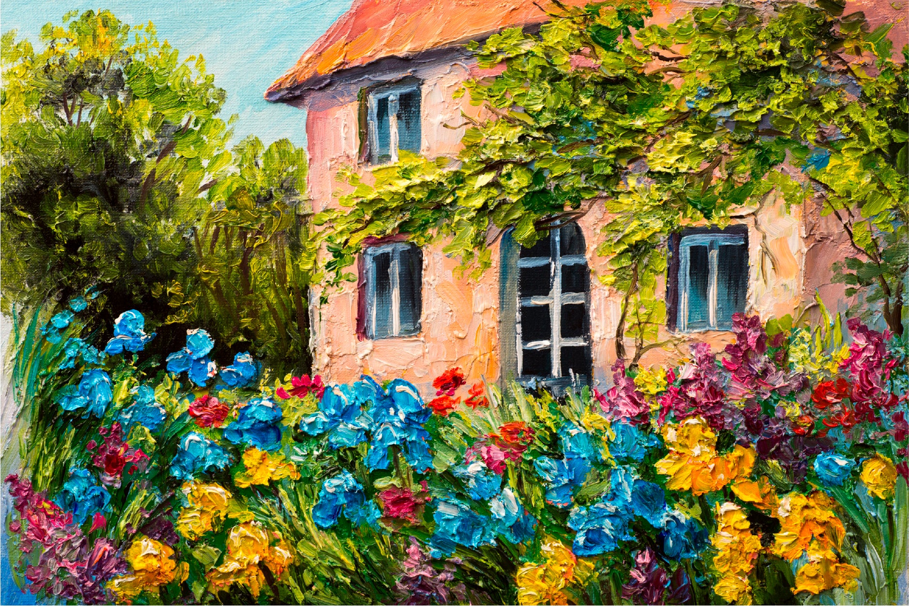 House In The Flower Garden Glass Framed Wall Art, Ready to Hang Quality Print