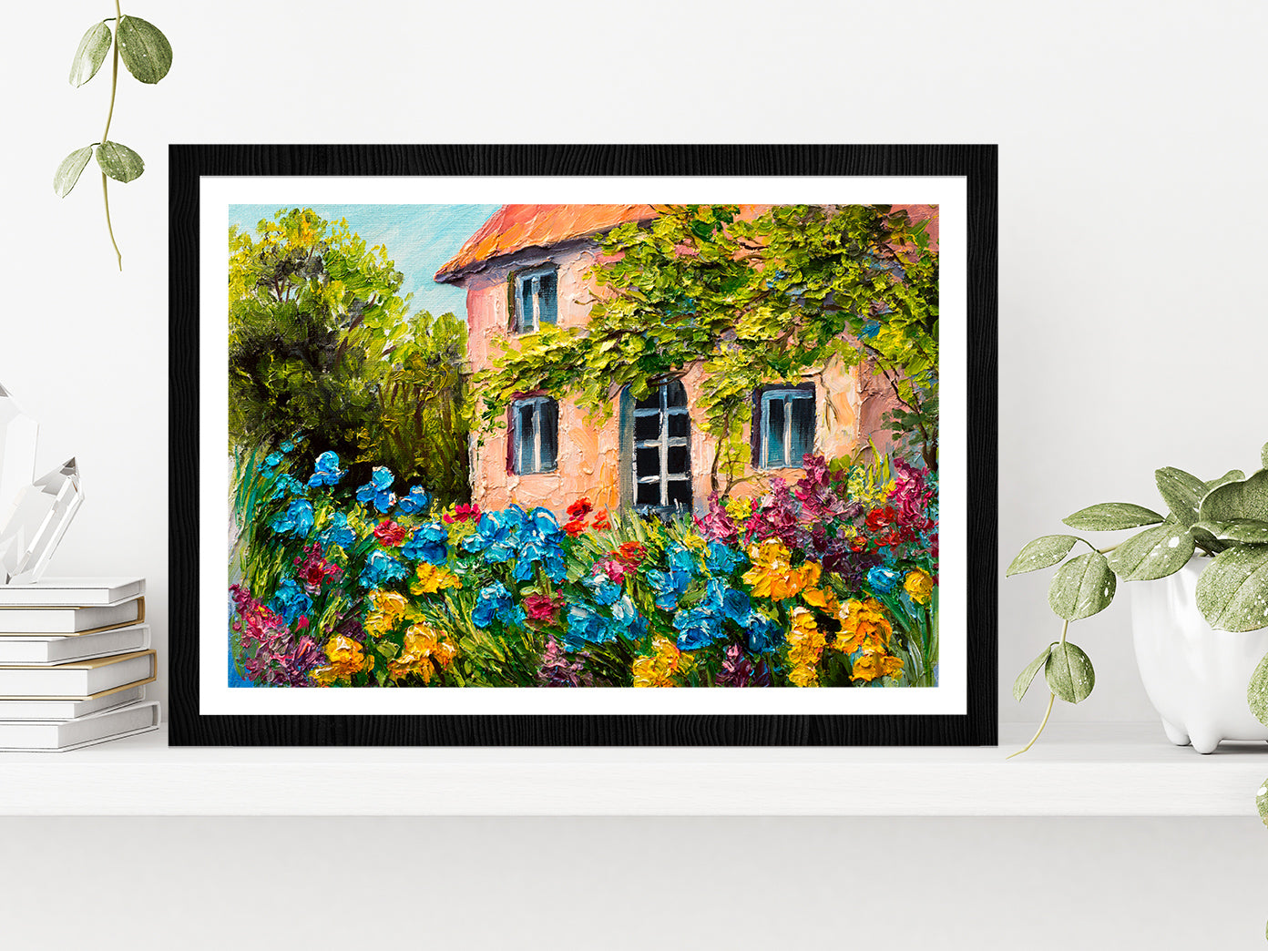 House In The Flower Garden Glass Framed Wall Art, Ready to Hang Quality Print With White Border Black