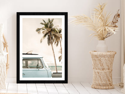 Van near Palm Beach Faded Photograph Glass Framed Wall Art, Ready to Hang Quality Print With White Border Black