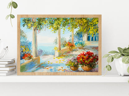 Flower Vase In Terrace & Near The Sea Glass Framed Wall Art, Ready to Hang Quality Print Without White Border Oak