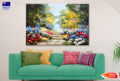 Colorful Summer Flowers with Trees Oil Painting Wall Art Limited Edition High Quality Print