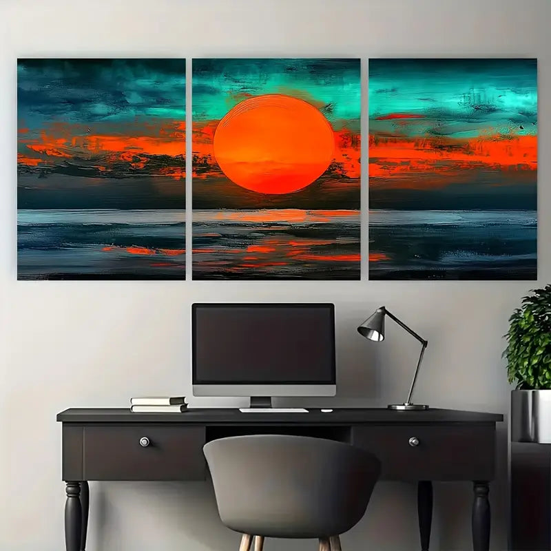 3pcs Bold Sunset Ocean Seascape Orange Metal Print Ready to Hang Art