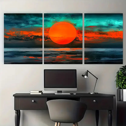 3pcs Bold Sunset Ocean Seascape Orange Metal Print Ready to Hang Art