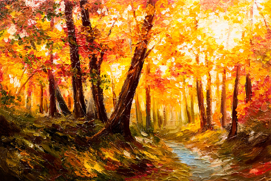 Autumn Forest Oil Painting Glass Framed Wall Art, Ready to Hang Quality Print