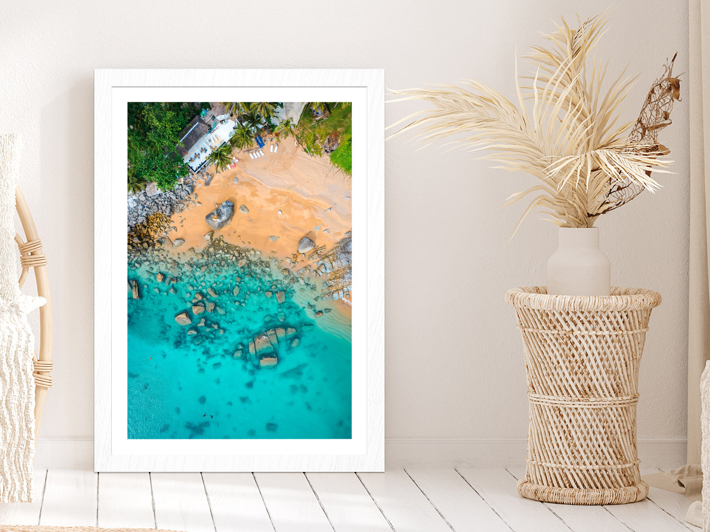 Nui hidden Beach Seashore Aerial Photograph Glass Framed Wall Art, Ready to Hang Quality Print With White Border White