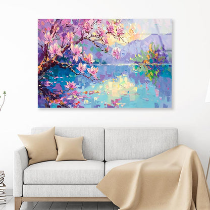 Watercolor Of Cherry Blossoms Landscape  Acrylic Glass Print Tempered Glass Wall Art 100% Made in Australia Ready to Hang