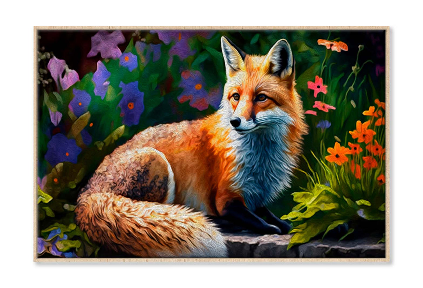 Fantastic Fox in Garden with Colorful Flowers Wall Art Limited Edition High Quality Print