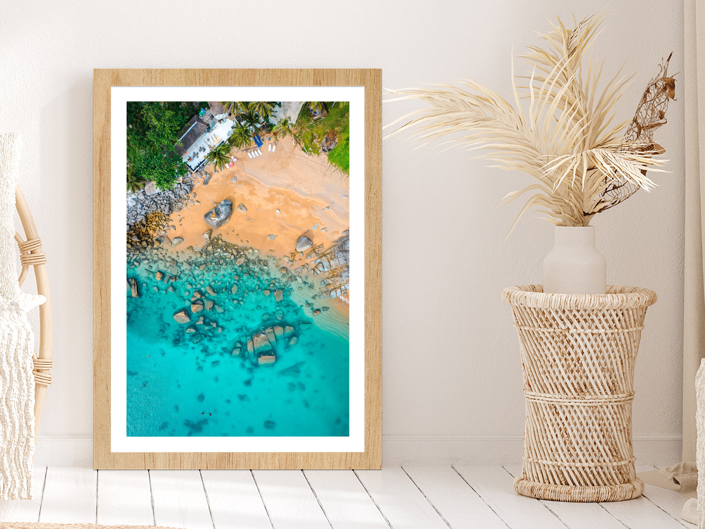 Nui hidden Beach Seashore Aerial Photograph Glass Framed Wall Art, Ready to Hang Quality Print With White Border Oak