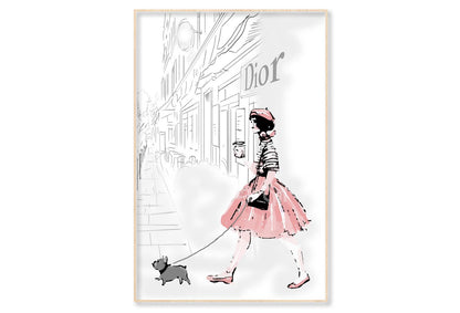 Pink Girl With her Puppy Fashion Wall Art Limited Edition High Quality Print Canvas Box Framed Natural