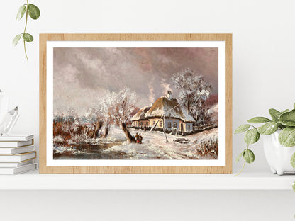 Rural Landscape Old Village, Old House In Winter Glass Framed Wall Art, Ready to Hang Quality Print With White Border Oak