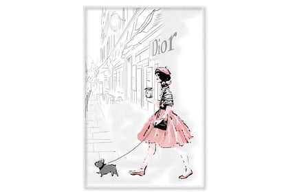 Pink Girl With her Puppy Fashion Wall Art Limited Edition High Quality Print Canvas Box Framed White